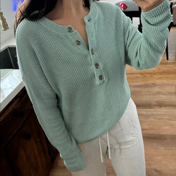 Aerie Sage Green Waffle Knit Henley Sweater XXS Cozy Fall Layer - Picture 1 of 6